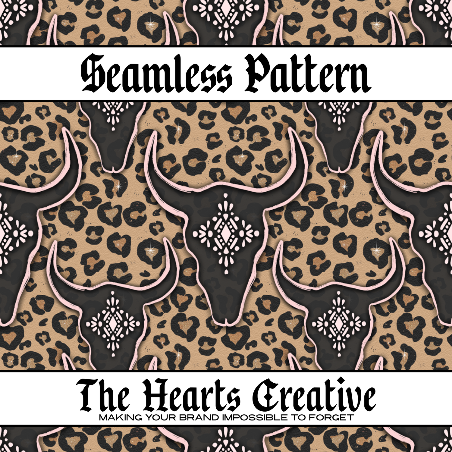 Cow skull and bull skull seamless patterns for fabric printing, bows, and handmade products by The Hearts Creative