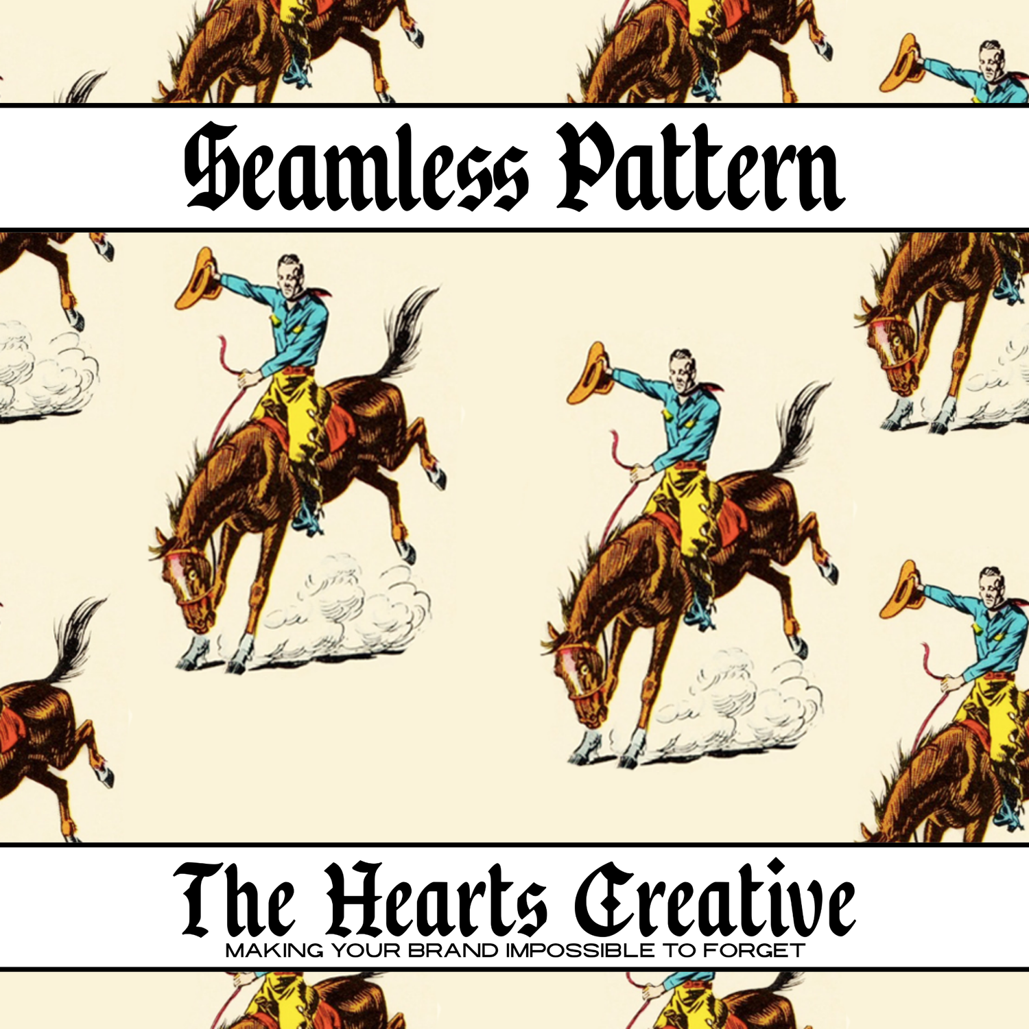 Cowboy seamless patterns with Western and vintage styles for fabric printing, bows, and handmade products by The Hearts Creative
