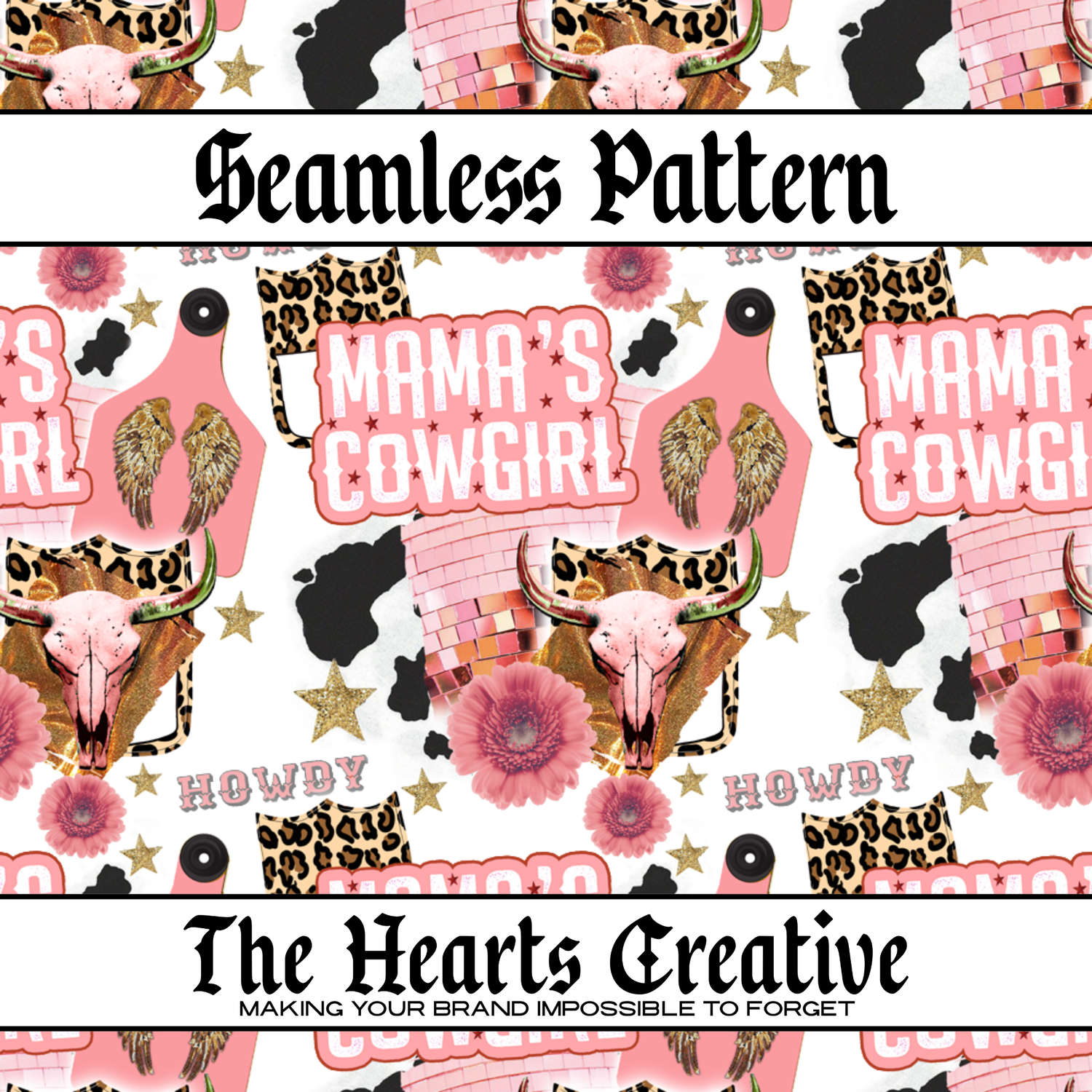 Cowgirl seamless patterns with Western and trendy prints for fabric, bows, and handmade products by The Hearts Creative