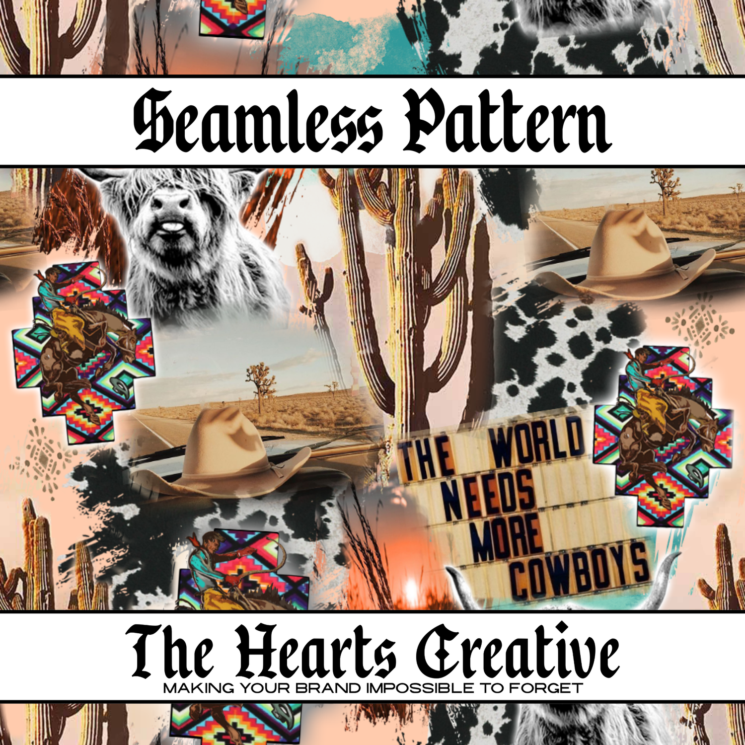 Collage-style seamless patterns with Western and trendy graphics for bows, apparel, and handmade goods by The Hearts Creative