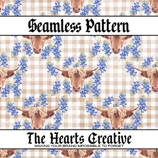 Plaid Cow Bluebonnets Seamless Pattern