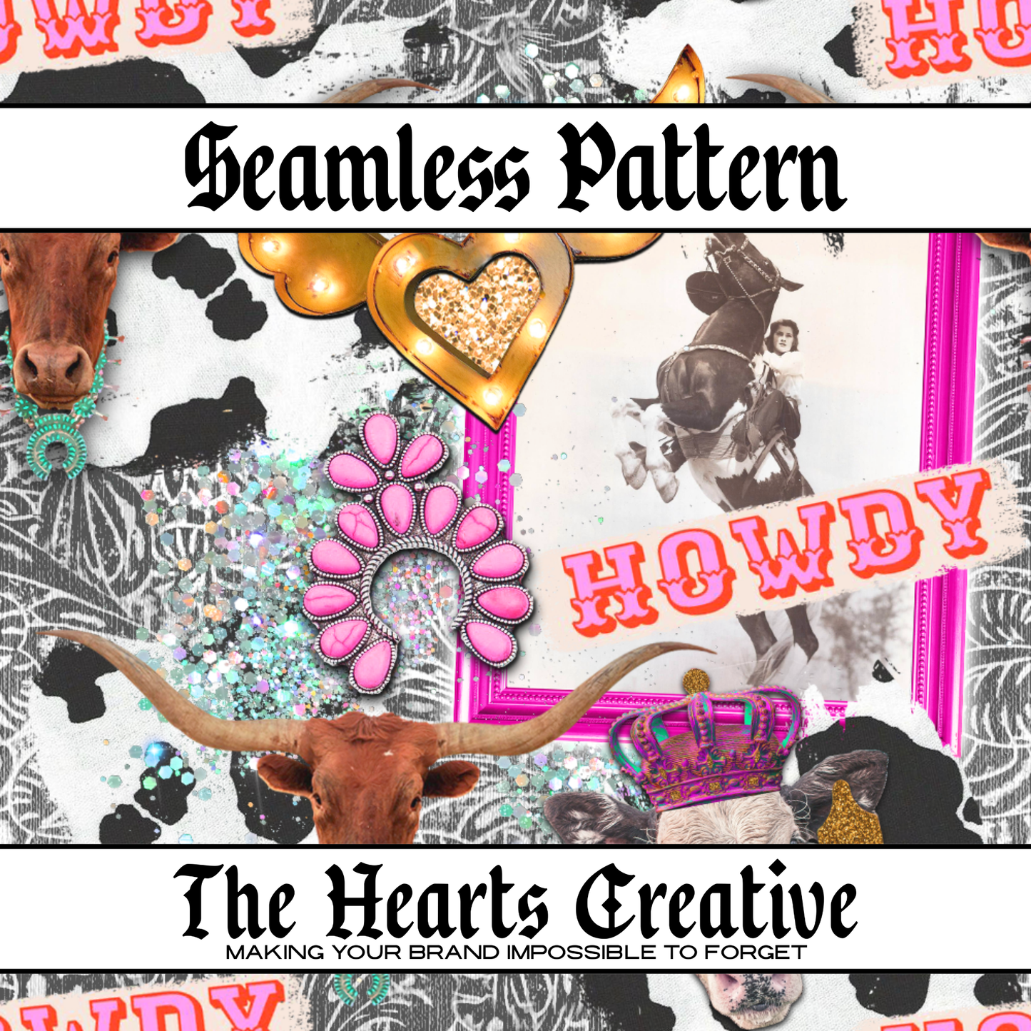 Glitter & Glam Cowgirl Collage Seamless Pattern