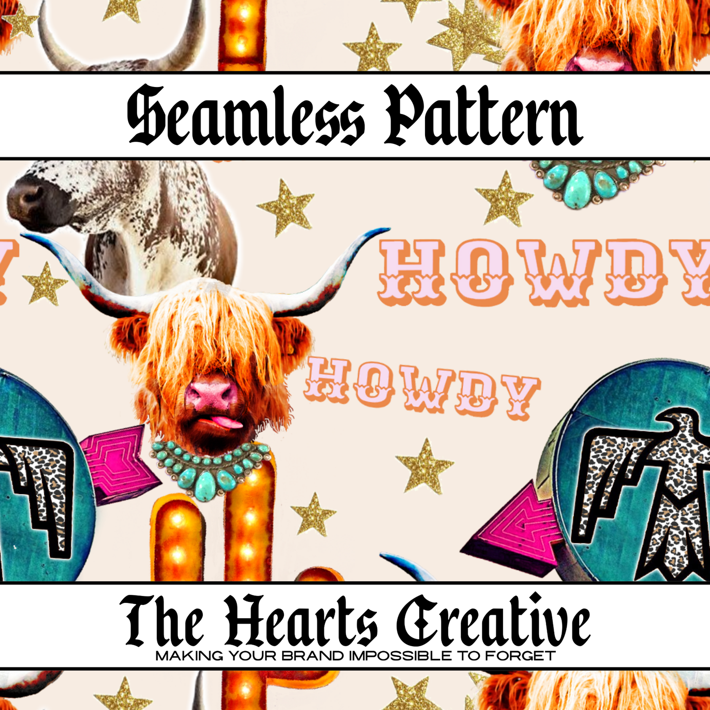 Howdy Stars Cow Collage Seamless Pattern