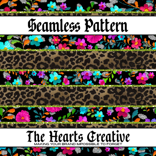 Leopard Floral Glitter Stripe Seamless Pattern