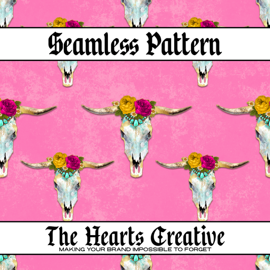 Floral Cowgirl Skulls Pink Seamless Pattern