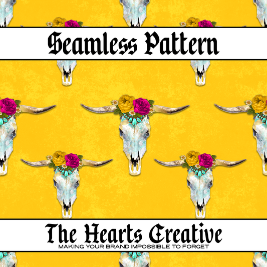 Floral Cowgirl Skulls Yellow Seamless Pattern