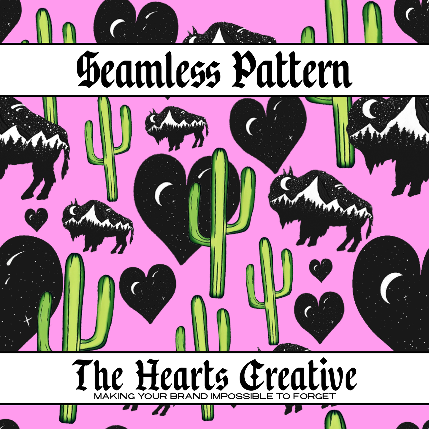 Cactus Buffalo Heart Seamless Pattern