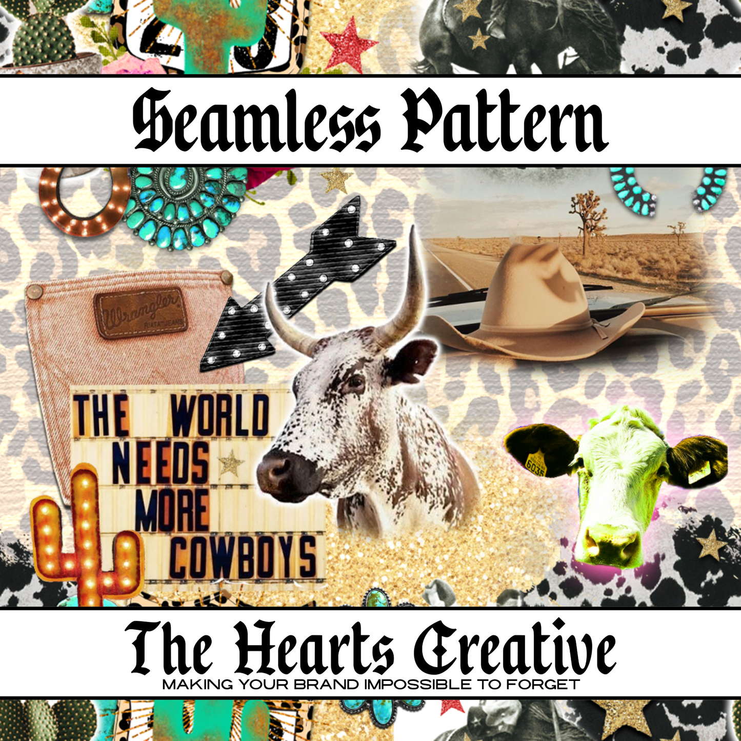 Cowgirl Collage Leopard Seamless Pattern