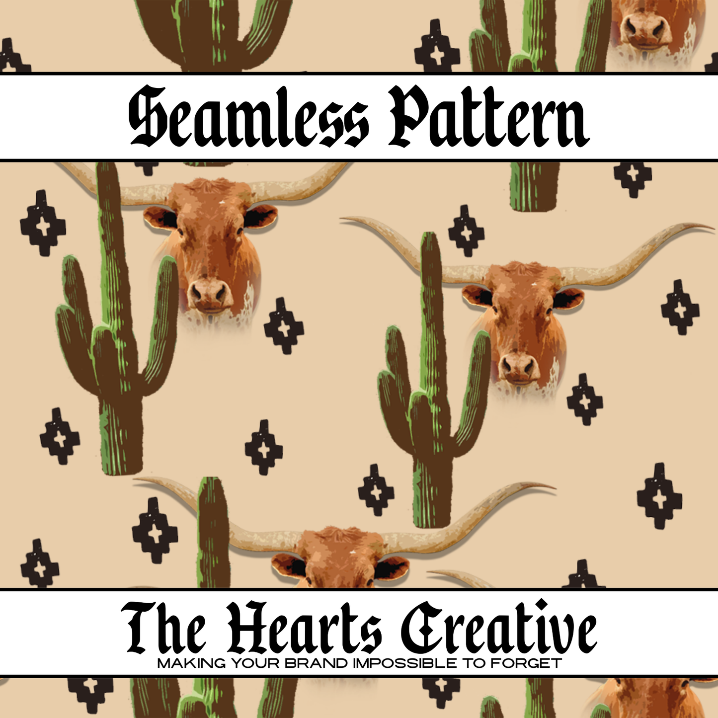 Longhorn Aztec Cactus Seamless Pattern