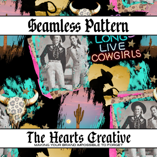 Neon Vintage Cowgirl Collage Seamless Pattern