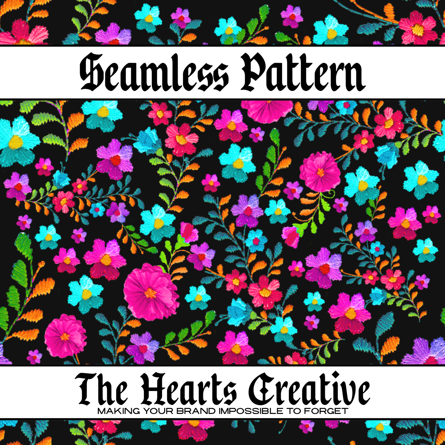 Floral Stitching Black Seamless Pattern