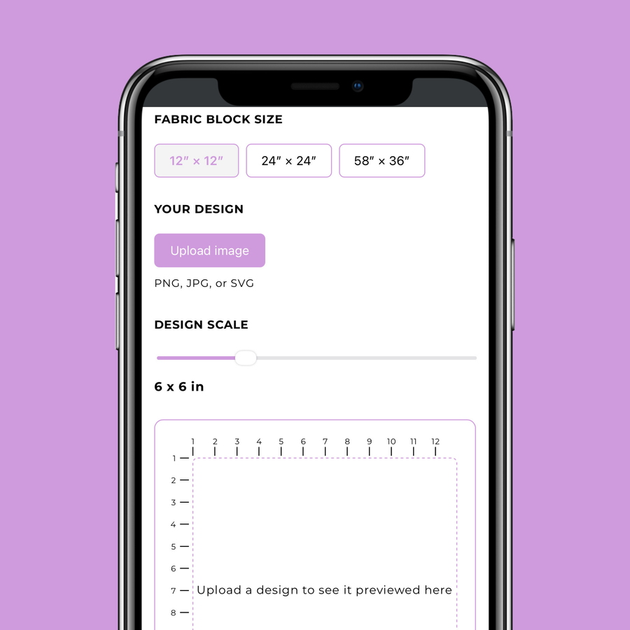 A mock up of a custom fabric scaling tool created by The Hearts Creative. This tool can be applied to any Shopify theme design for fabric shops and more.