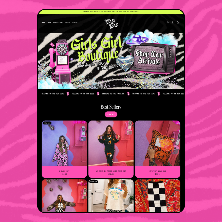 An image of a Custom Shopify website designed by The Hearts Creative. This shows a colorful homepage design with a hero banner and best sellers collection showing.