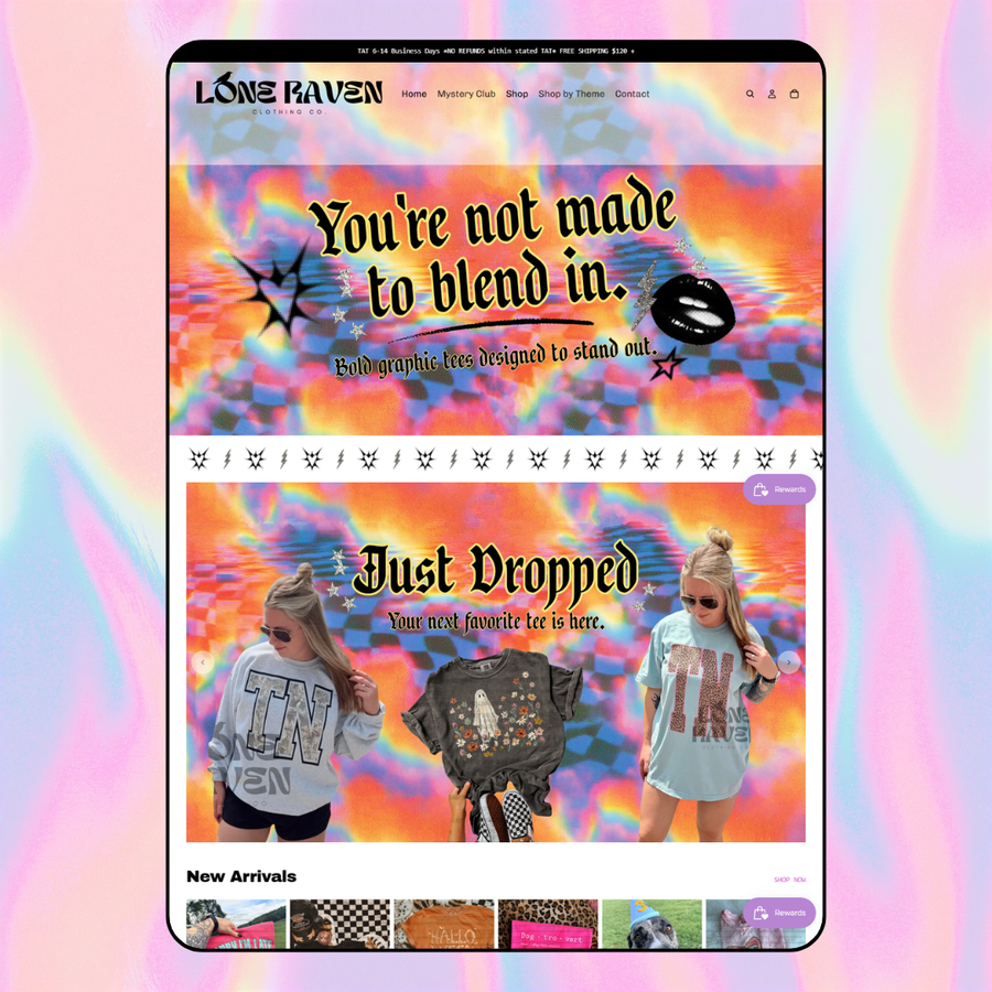 A fun and color custom Shopify website design created by The Hearts Creative. This shows the top of the website page. Custom banner and graphics. 