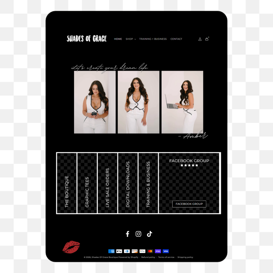A mockup image of a custom Shopify website design by The Hearts Creative. This images shows the layout of the Shopify boutique homepage. 