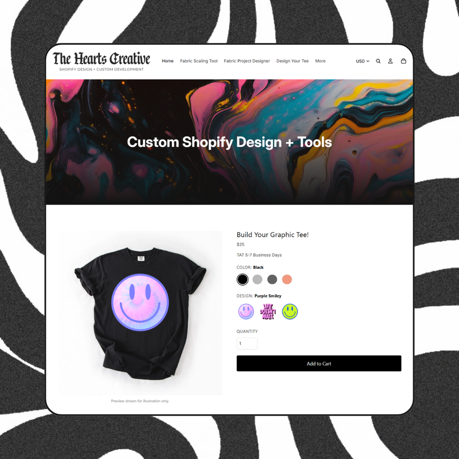 A custom graphic tee customizer section built for Shopify websites. The image shows a mock up of the section with a fun swirl background behind it.