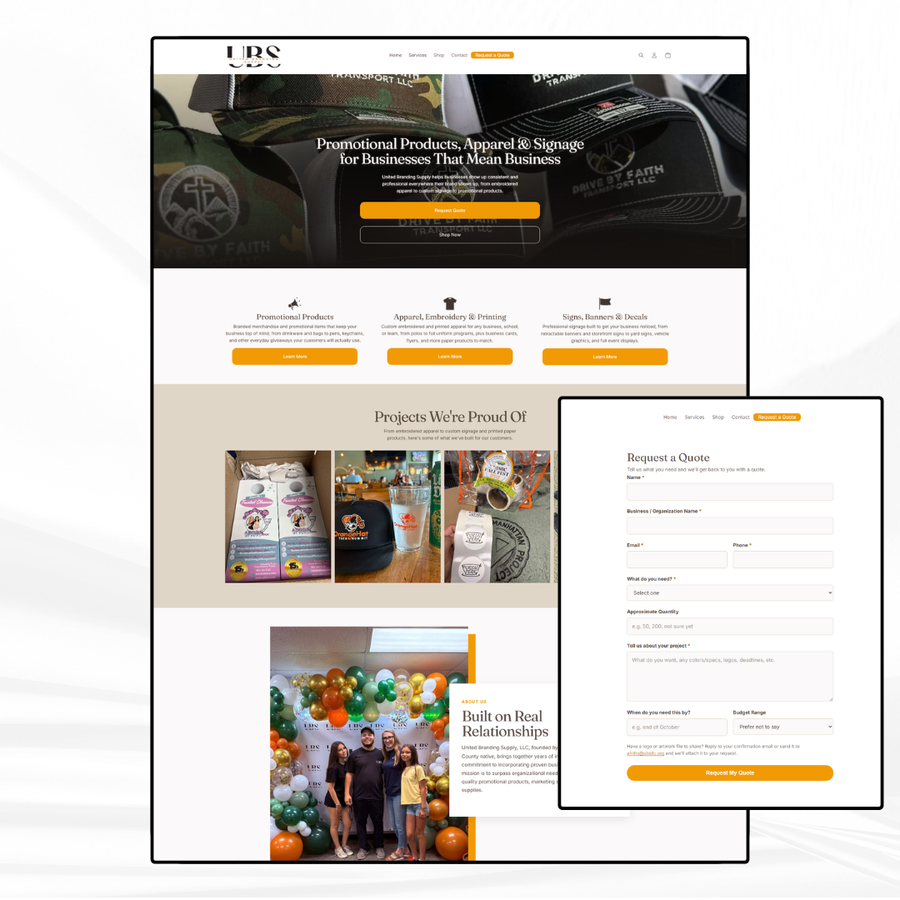 An image showing a custom Shopify website design and a custom quote form built and designed by The Hearts Creative. 